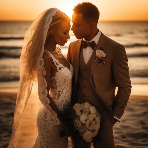 Beach wedding portrait with groom in a stylish tan suit from Kalamazoo's KCT Menswear and bride in elegant lace gown, embodying the romantic sunset backdrop