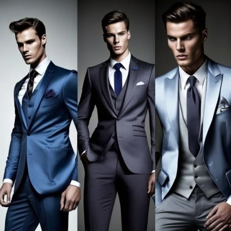 Three male models showcasing KCT Menswear suits in shades of blue and gray, featuring elegant tailoring and modern styling, perfect for formal events and prom.