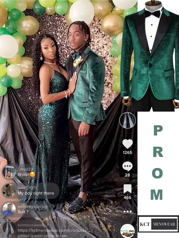 KCT Menswear's Green Sparkle Blazer Velvet with Black Notch Lapel, as featured in their viral TikTok video for Prom 2023