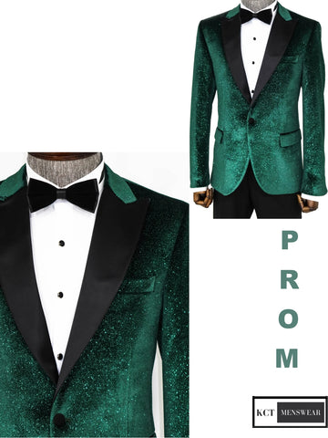 KCT Menswear's Green Sparkle Blazer Velvet with Black Notch Lapel, as featured in their viral TikTok video for Prom 2023