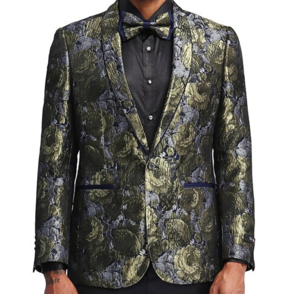 KCT Menswear - Velvet Black Glitter Gold Blazer with Shawl Lapel -  Luxurious and Stylish for Prom and Formal events, Free Shipping