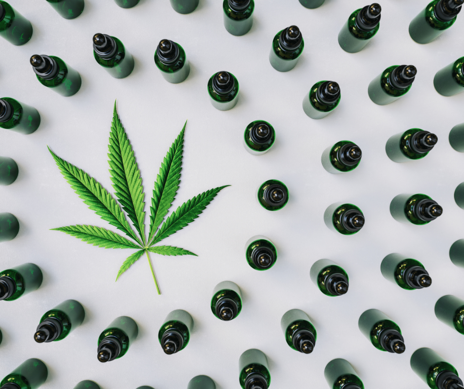 Cannabis leaf - CBD bottles around it - Wee Hemp Co.