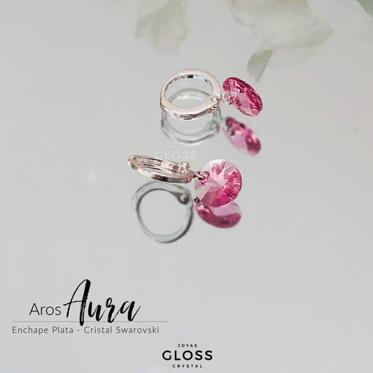 Aros Aura Rosado Plata Cristal Genuino - Joyas Gloss Crystal