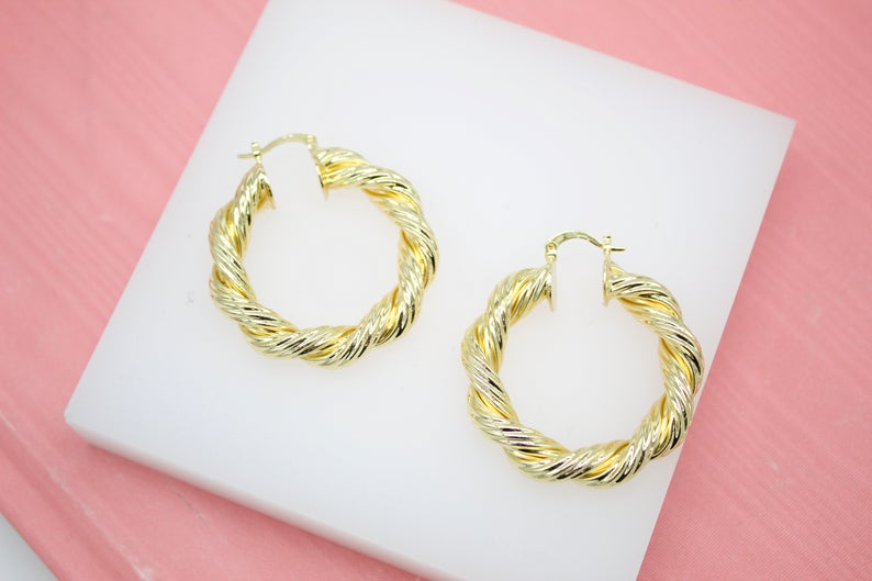 18k Gold Filled Twisted Lever Back Hoop Earrings Aretes Argollas