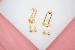 18K Gold Filled Double Beaded Long Drop Oval U Hoops Hoops Link Earrings