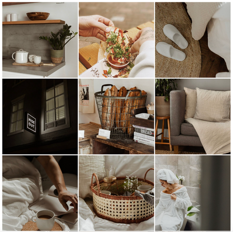 Instagram posts from Hideout Hotel, kitchen counter, food closeup, slippers on floor, Hideout Hotel logo, bread on table, sofa, coffee in bed, bedside table, women in dressing gown and towel on head.