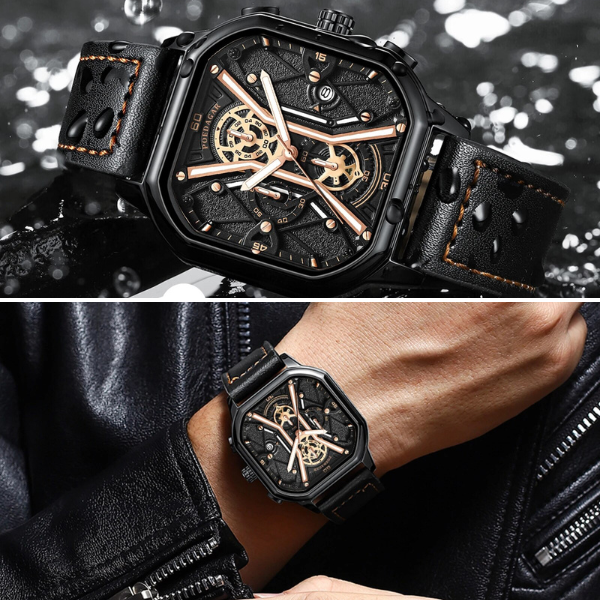 Montre cadran carré luxe noire LBDH portée avec un blouson en cuir