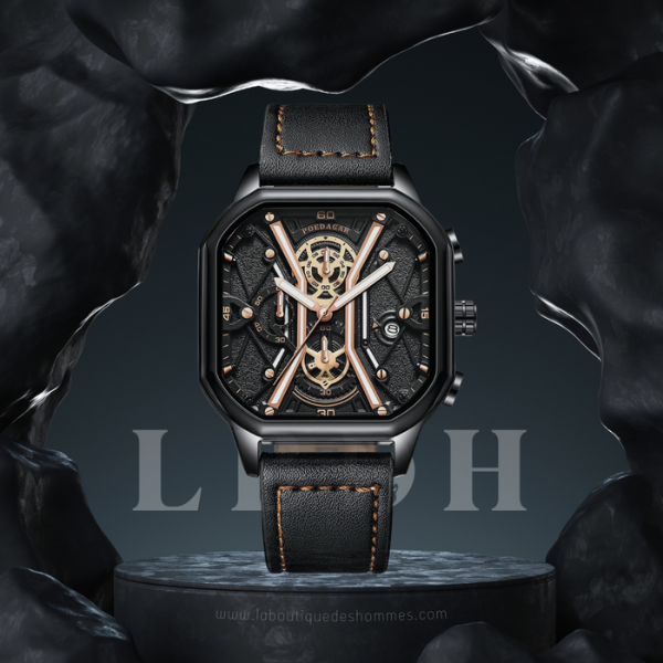 Montre cadran carré luxe cuir noir sur un présentoir noir