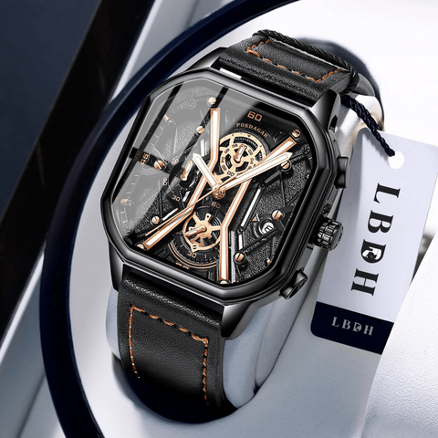 montre cadran carré luxe noir et cuir lbdh sur présentoir avec étiquette lbdh