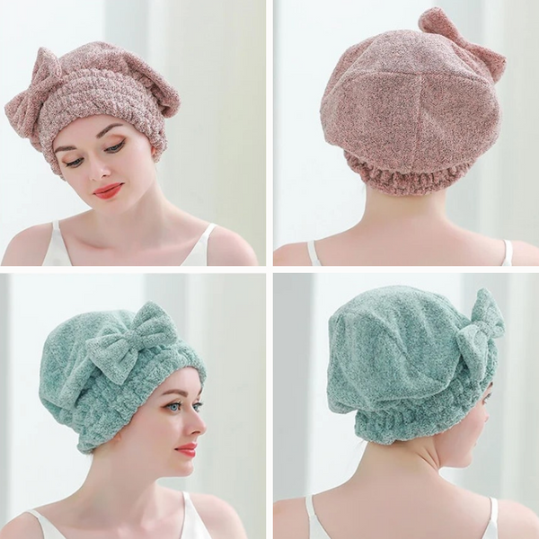 serviette en microfibre pour cheveux bouclés portée par une femme sous plusieurs angles