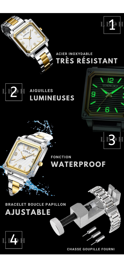 Fonctions de la montre cadran carré acier luxe de LBDH