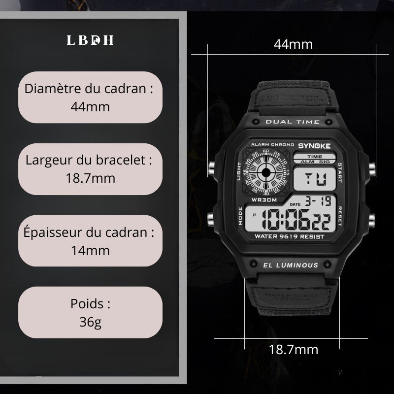 caractéristiques de la Montre cadran carré sport lbdh