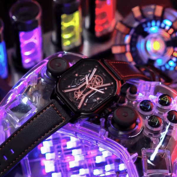 gif montre cadran carré luxe noir et cuir lbdh