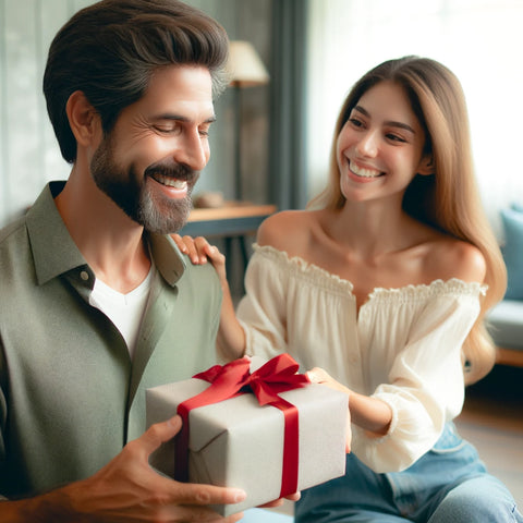 femme offrant un cadeau d'anniversaire à son homme