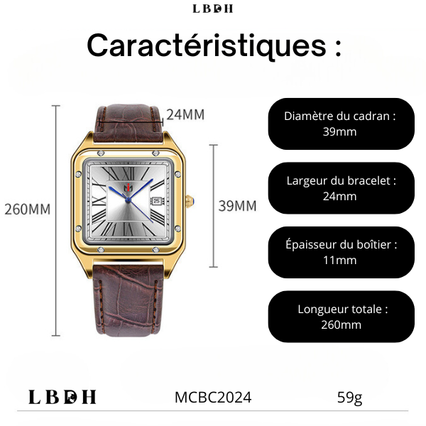 caractéristiques de la Montre carrée bracelet cuir lbdh