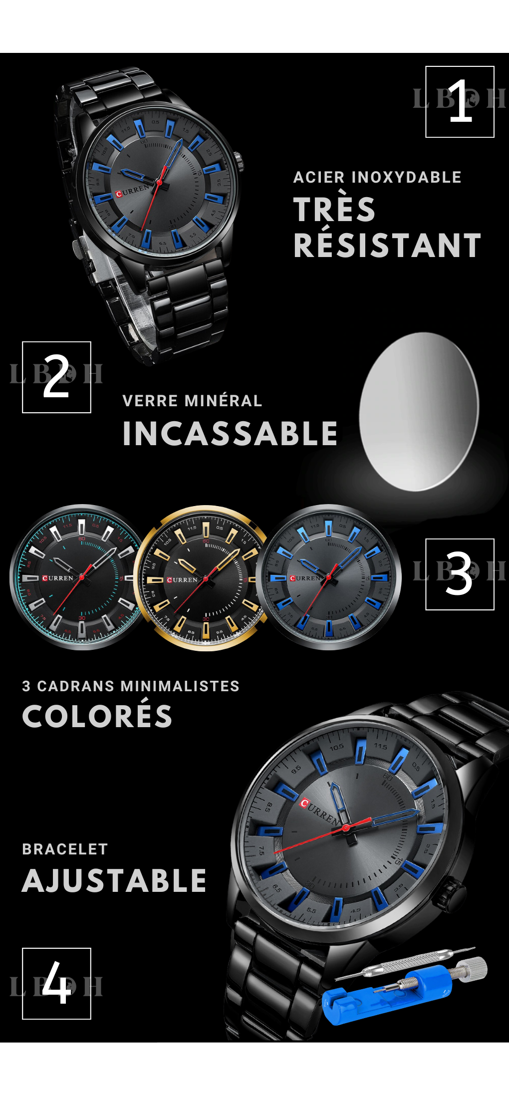 Descriptif de la montre acier noir luxe