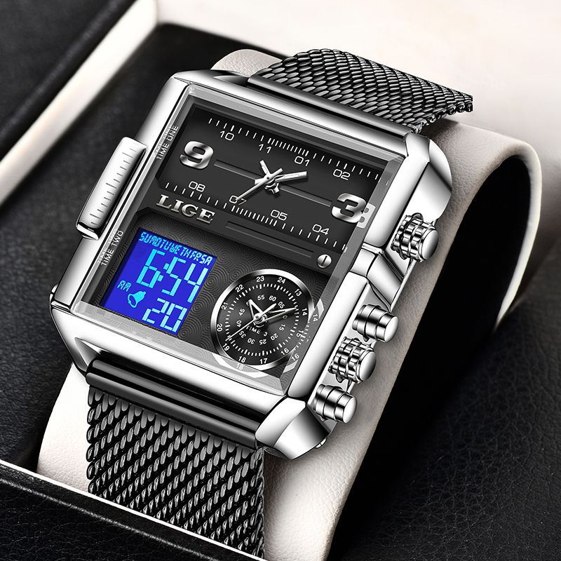 Montre carrée militaire en acier LBDH noir et argent avec un bracelet en mailles dans une boîte pour montre
