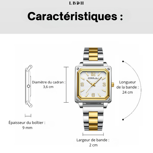 Caractéristiques montre cadran carré acier luxe LBDH