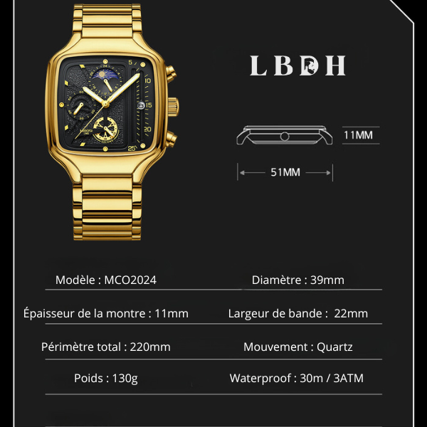 caractéristiques écrits montre carrée oyster or lbdh