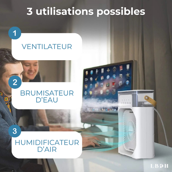 3 utilisations possible du ventilateur brumisateur d'air silencieux