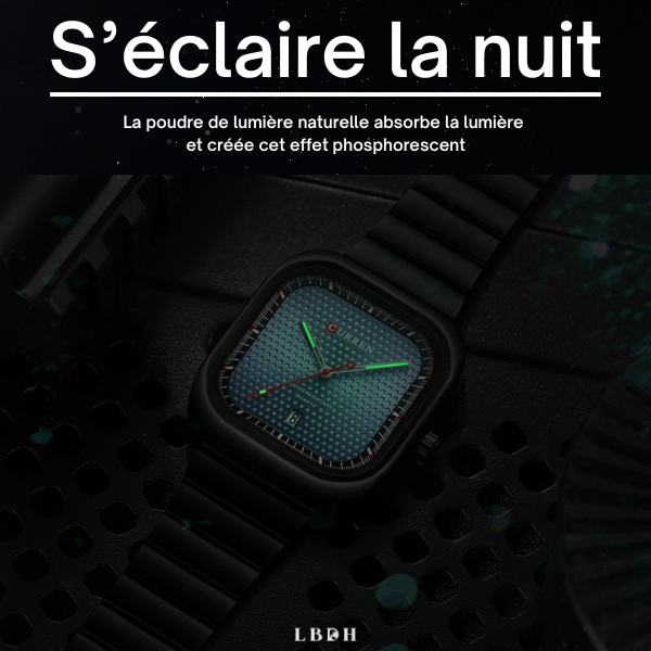 fonction lumineuse dans le noir de la montre cadran carrée oyster noir et bleue lbdh