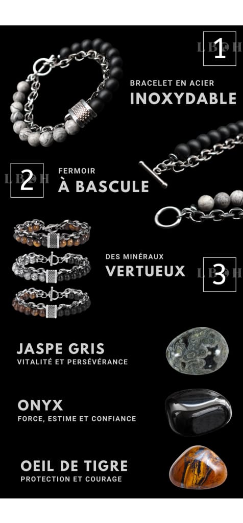 Bracelet homme pierre naturelle onyx et hématite, acier inoxydable