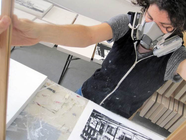 Yasmine Louis screenprinting in her Toronto textile studio