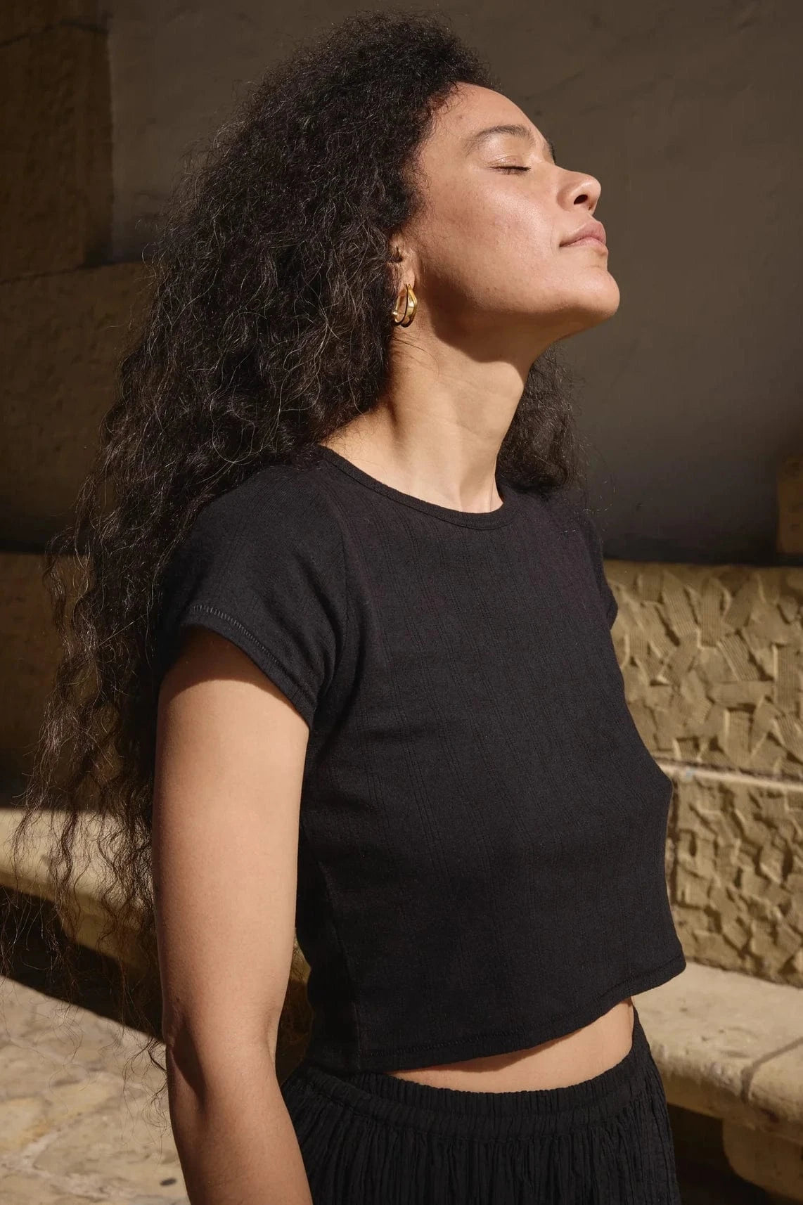 Crop Pointelle Tee - Black