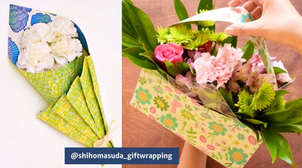 Reuse gift wrap to wrap a bouquet of flowers or make a basket!