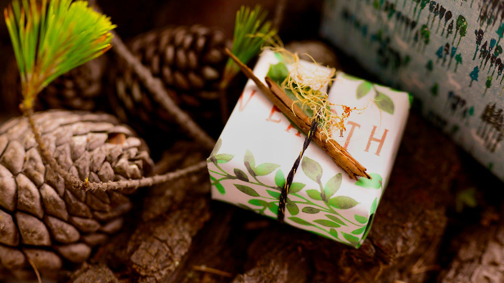 Bark and Moss gift topper on eco-friendly wrapping paper