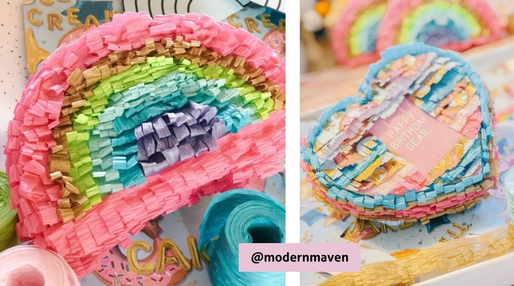 Pinatas made with used tissue paper and upcycled gift wrap