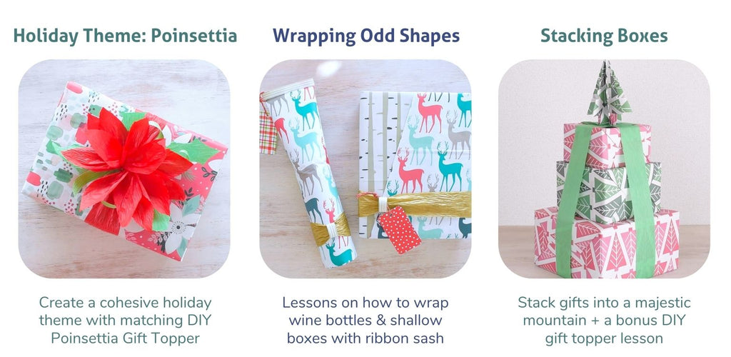 Gift Wrapping Course Preview: Poinsettia Gift Toppers, Wrapping Wine Bottles, and Stacking Gifts with a Holiday Theme.