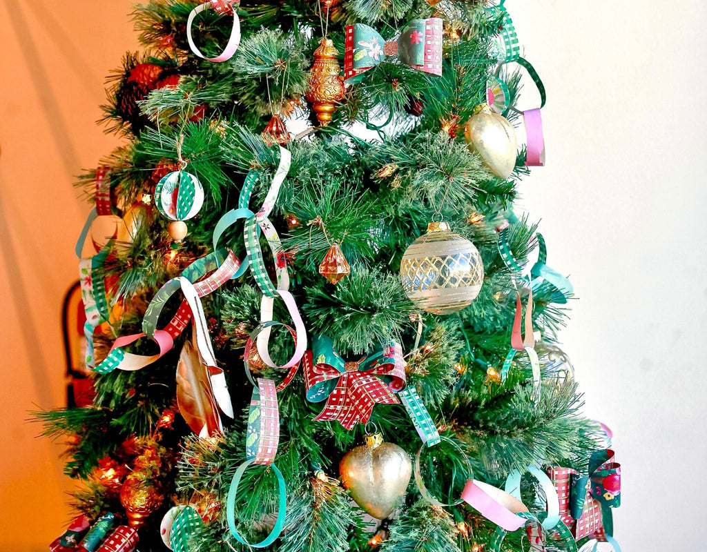 Christmas Tree Decorated with DIY Ornaments made of Reversible Gift Wrapping Paper