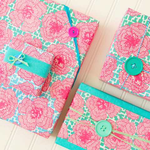 Gift Wrapping with Buttons - Turquoise and Pink