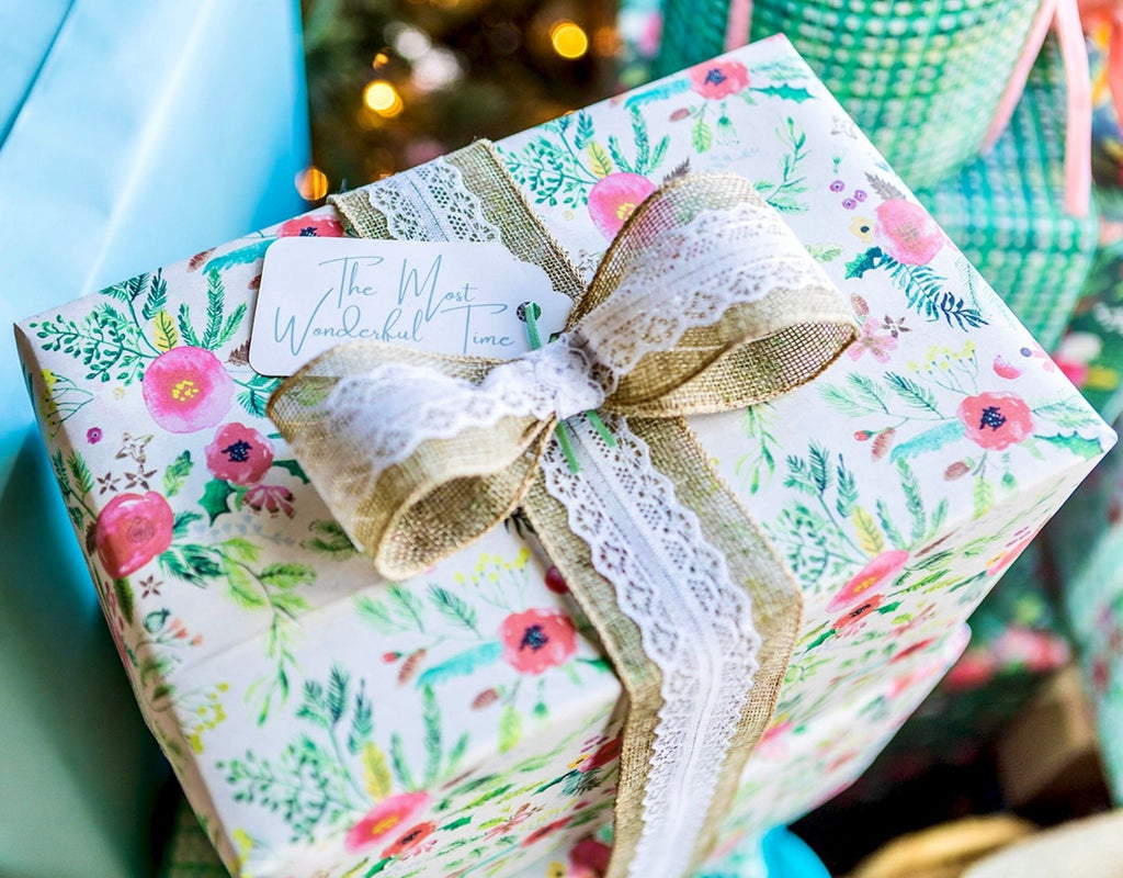 Eco-Friendly Wrapping Paper on Gift Topped with Vintage Ribbon