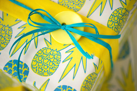 Gift Wrapping with Buttons - Yellow Pineapple Wrapping Paper