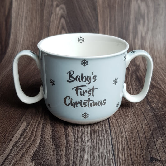 Boys Blue Babys 1st / First Christmas Double Handle Cup - The Future Image
