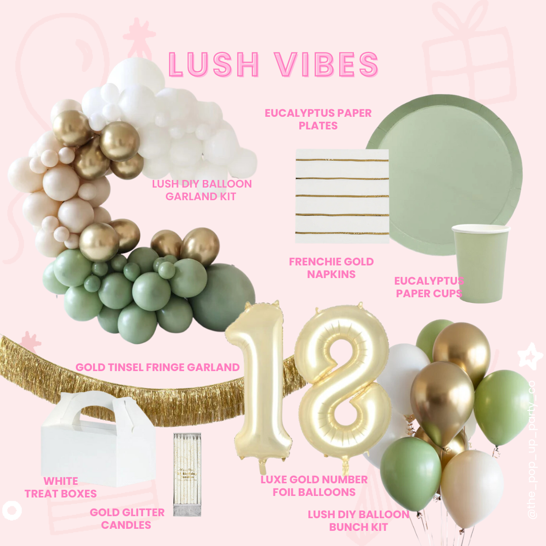Lush Vibes Party Theme - gold, white and eucalyptus colour palette