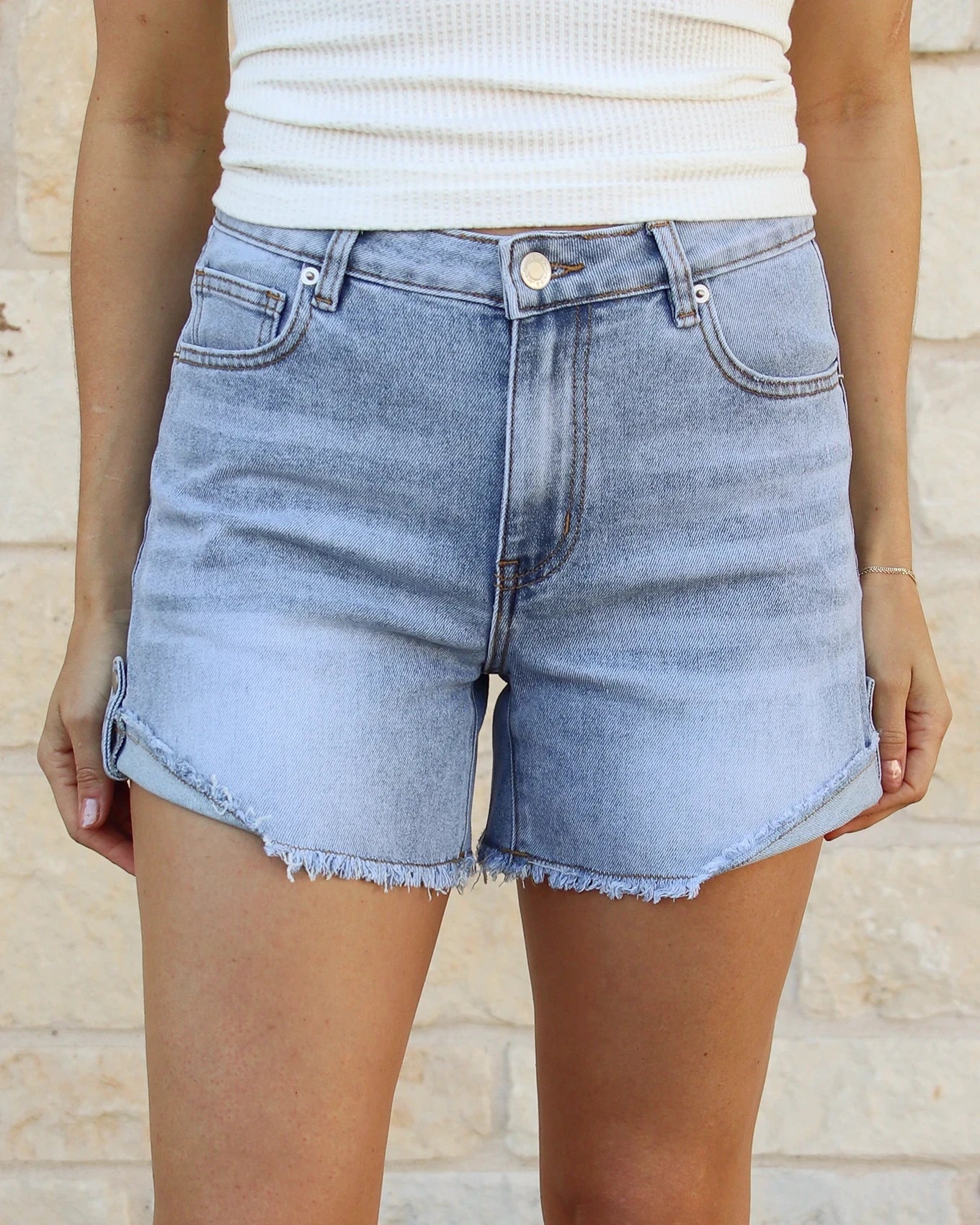 Drop Hem Denim Shorts in Light Mid-Wash