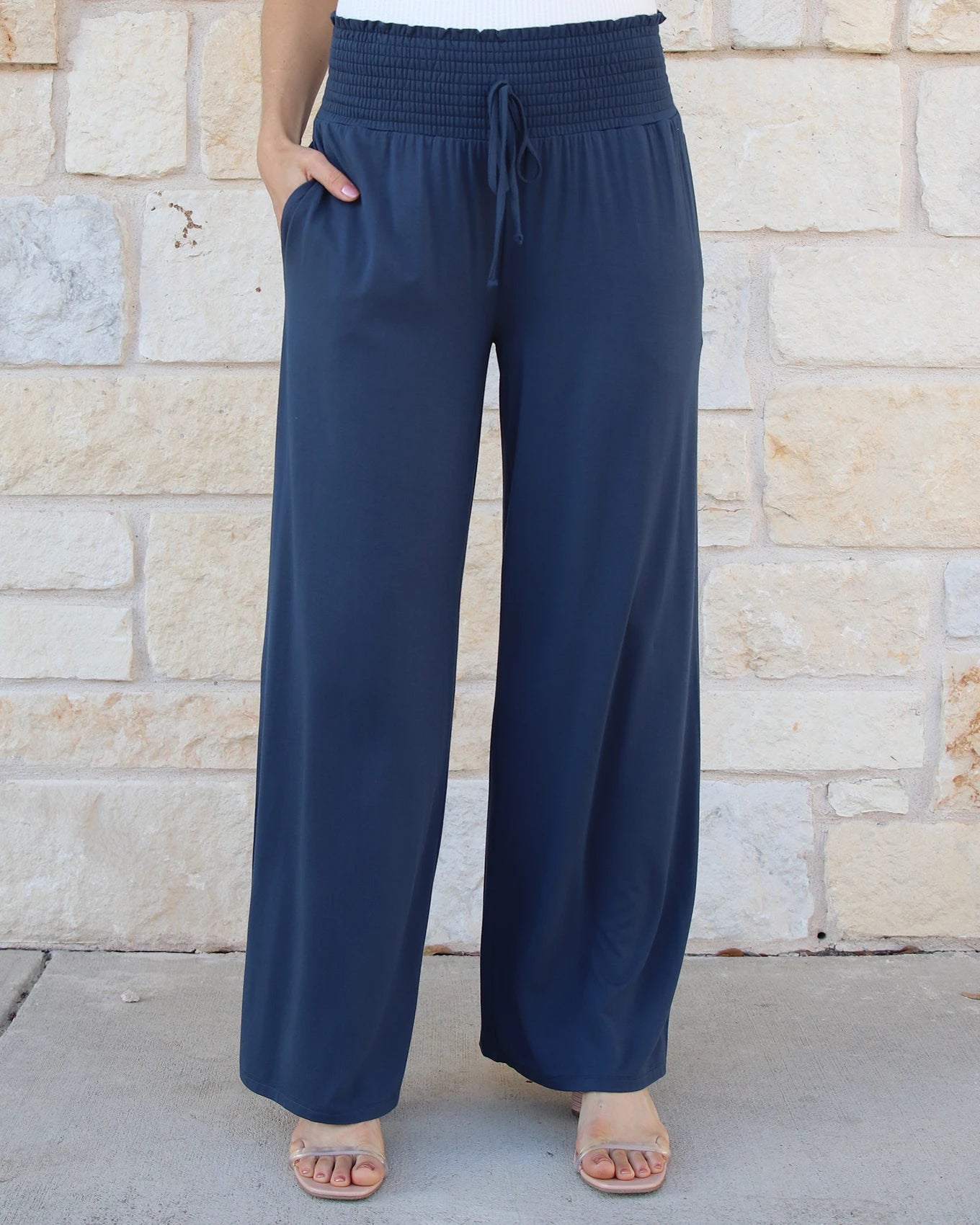 Smocked Wide Leg Lounge Pants in Smoke Blue