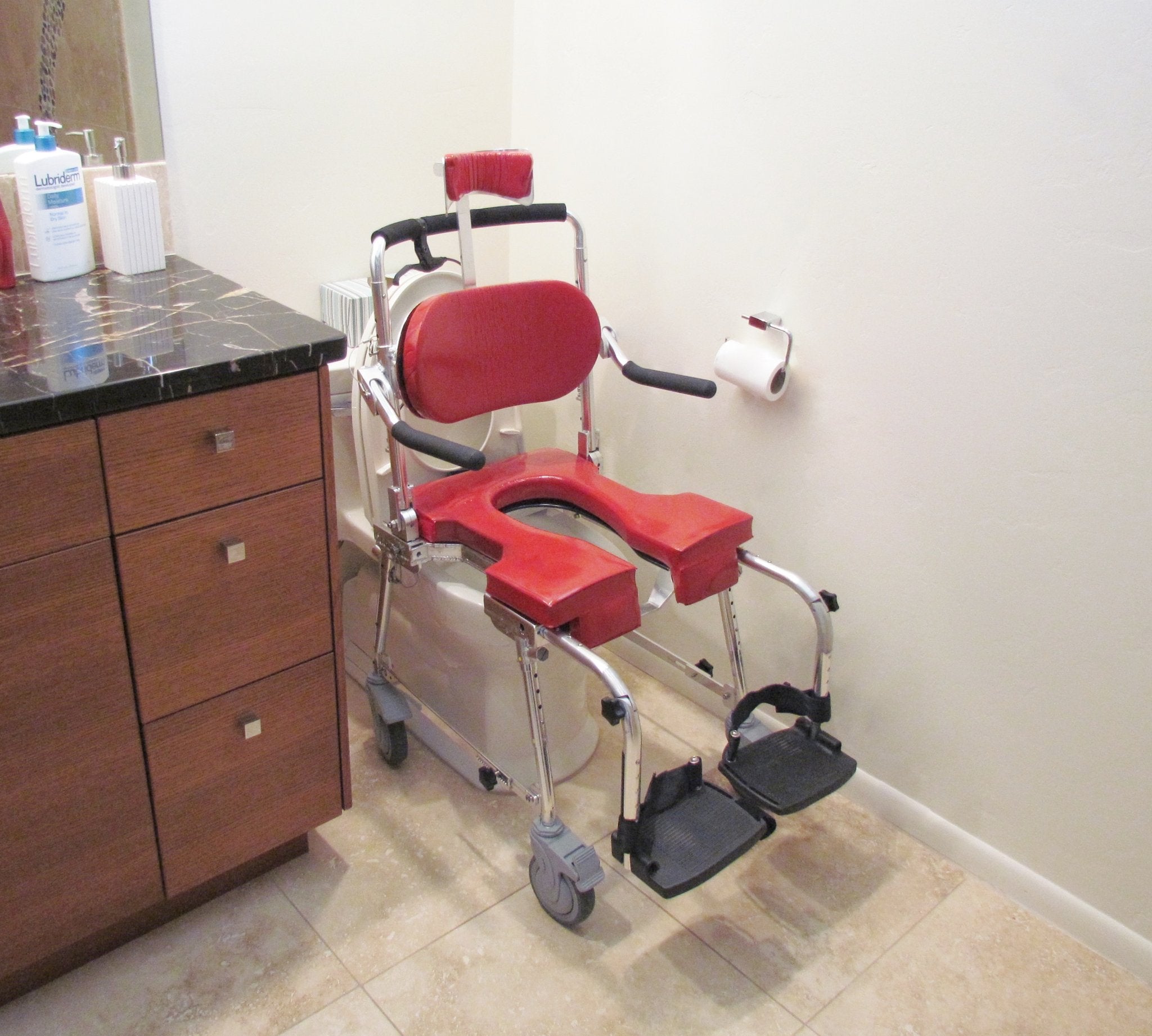 Portable GO-Anywhere Commode ’n Shower Chair - Adjustable (CS-A) backed over commode