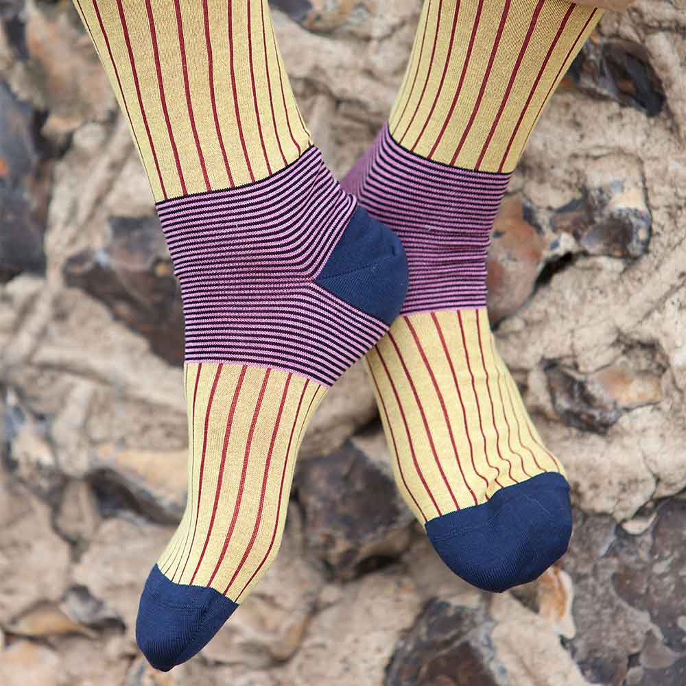 PEPER HAROW Oxford Pinstripe Men's Luxury Cotton Socks - Yellow and Pi