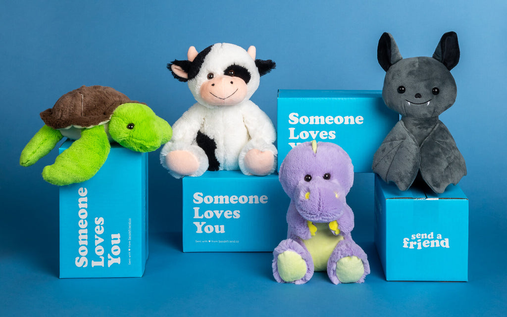 turtle, cow, dinosaur, and bat stuffed animals on "someone loves you" boxes