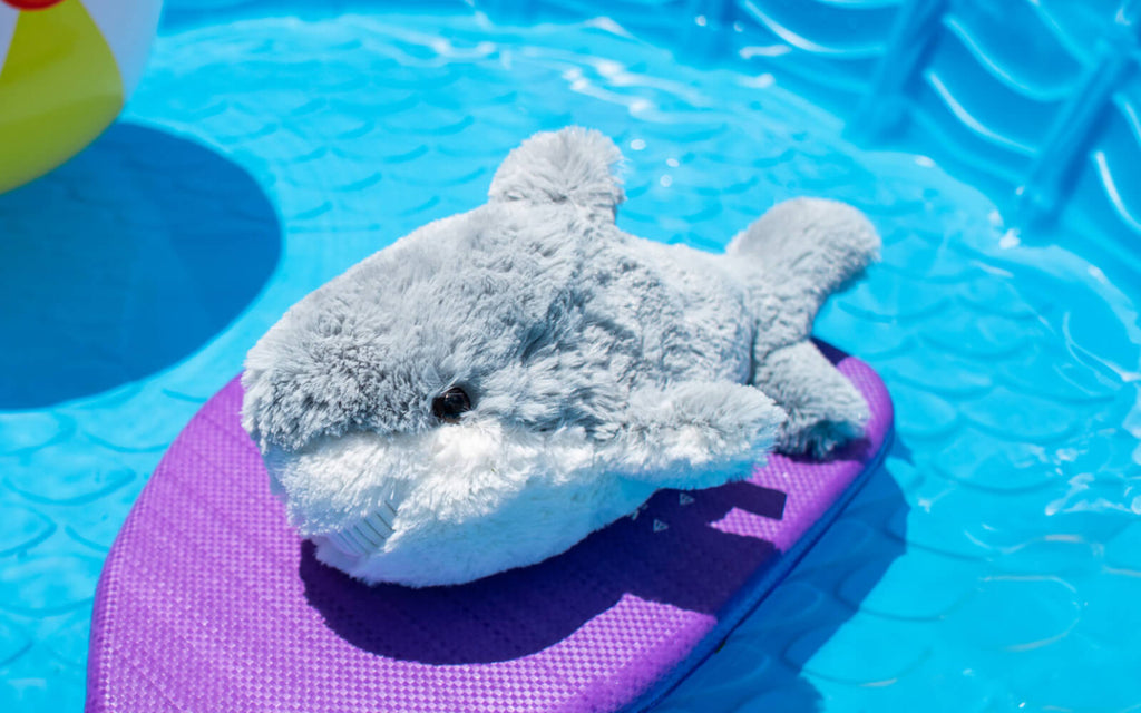 scooter the shark stuffed animal on a boogie board