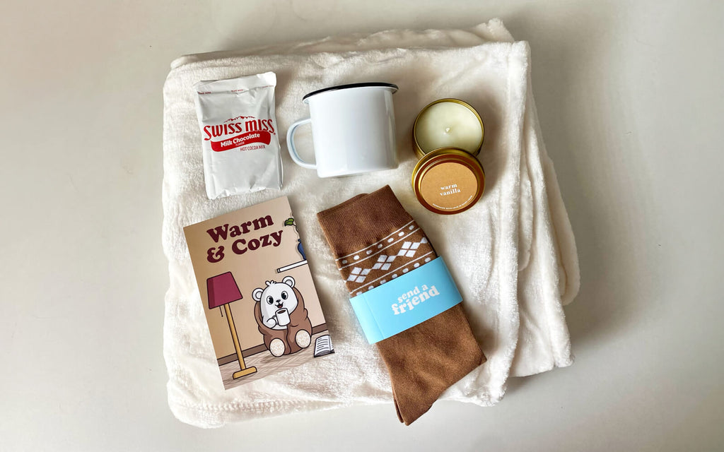 Cozy Bundle Items (blanket, candle, socks, mug, & hot cocoa)