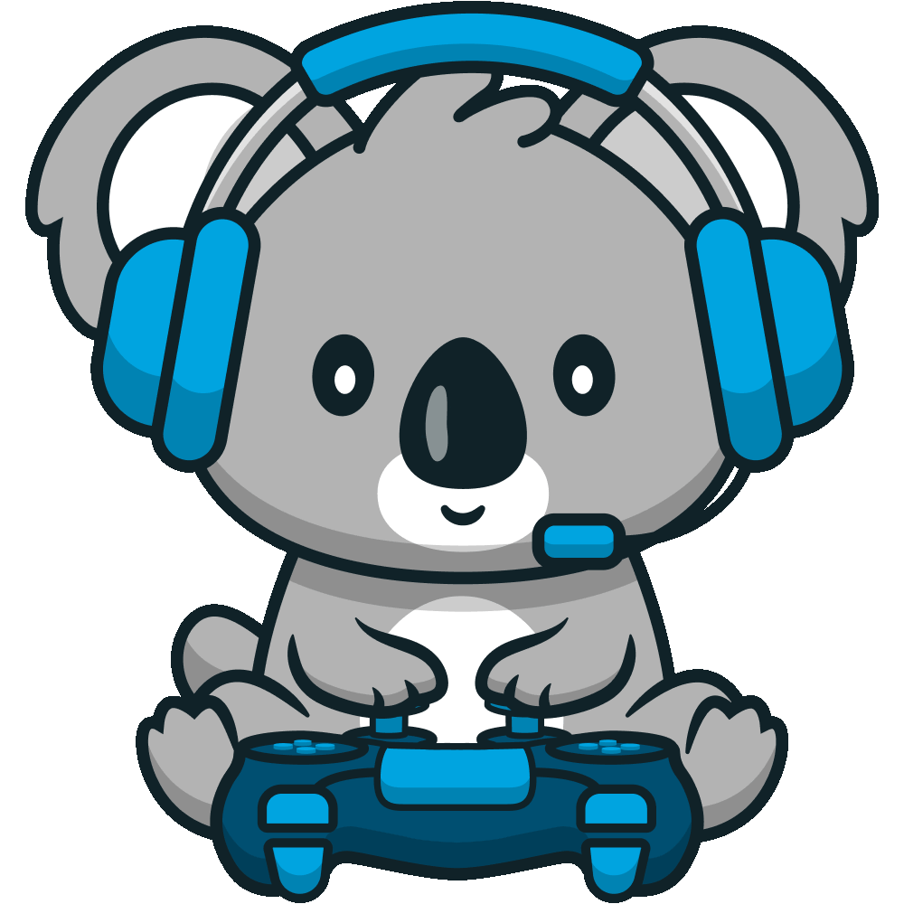 Koala illustration playing on a controller with a headset