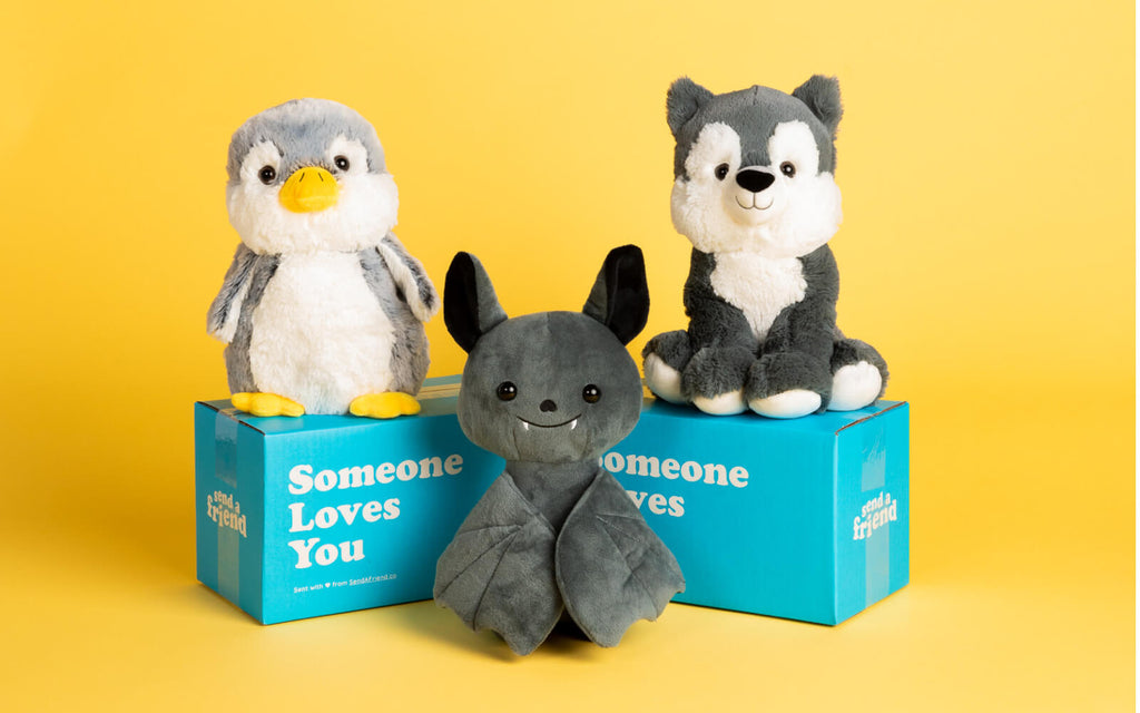 penguin, bat, and wolf stuffed animals on "someone loves you" boxes