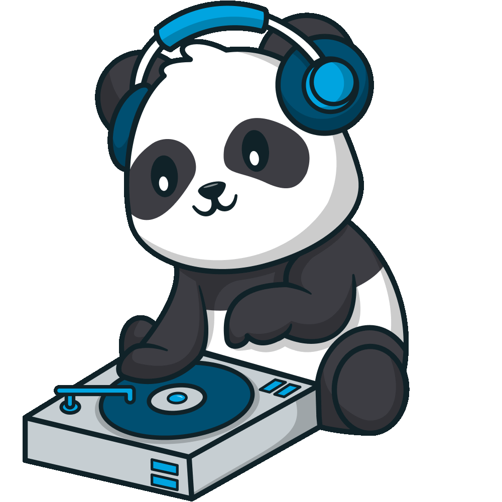 Panda illustration playing with an eight track and listening to music