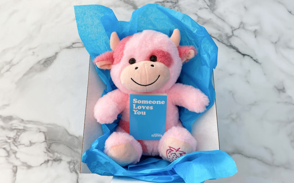 strawberry cow plushie in a blue box with a notecard