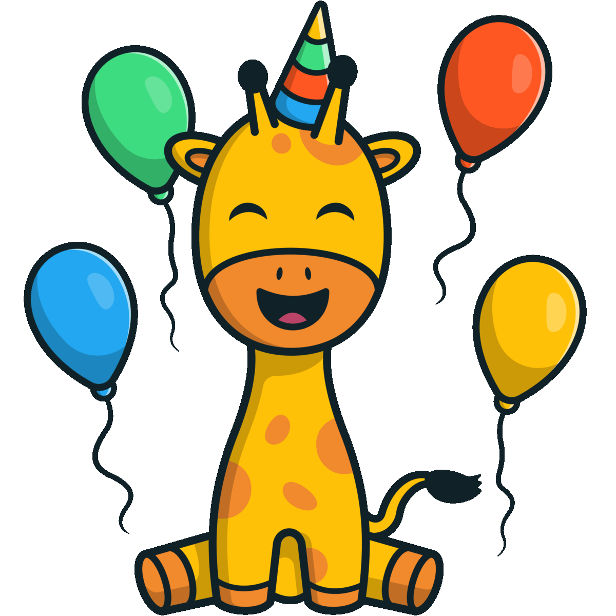 Giraffe illustration with a party hat and various balloons